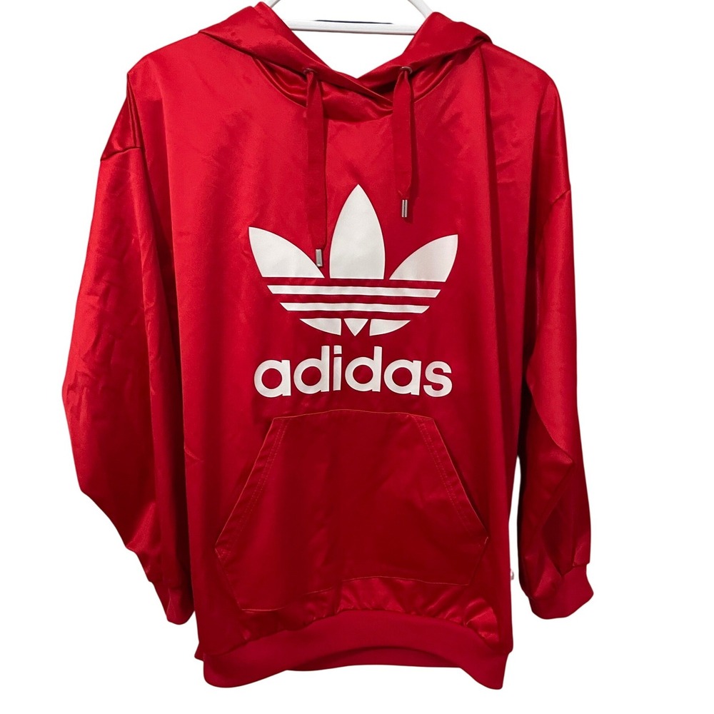 Adidas Originals Womens Red Trefoil Logo Satin Hoodie Sweatshirt Size Medium